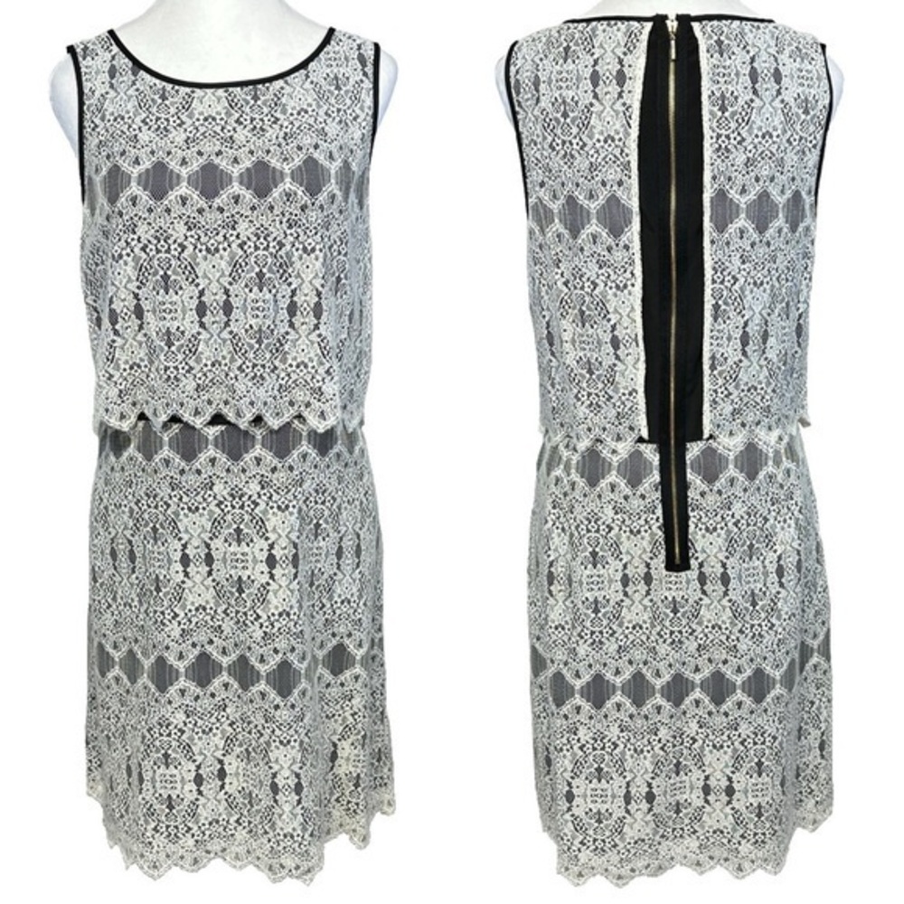 Kensie Lace Tiered Shift Dress Ivory Black Gold Zip Feminine Office Party Large
